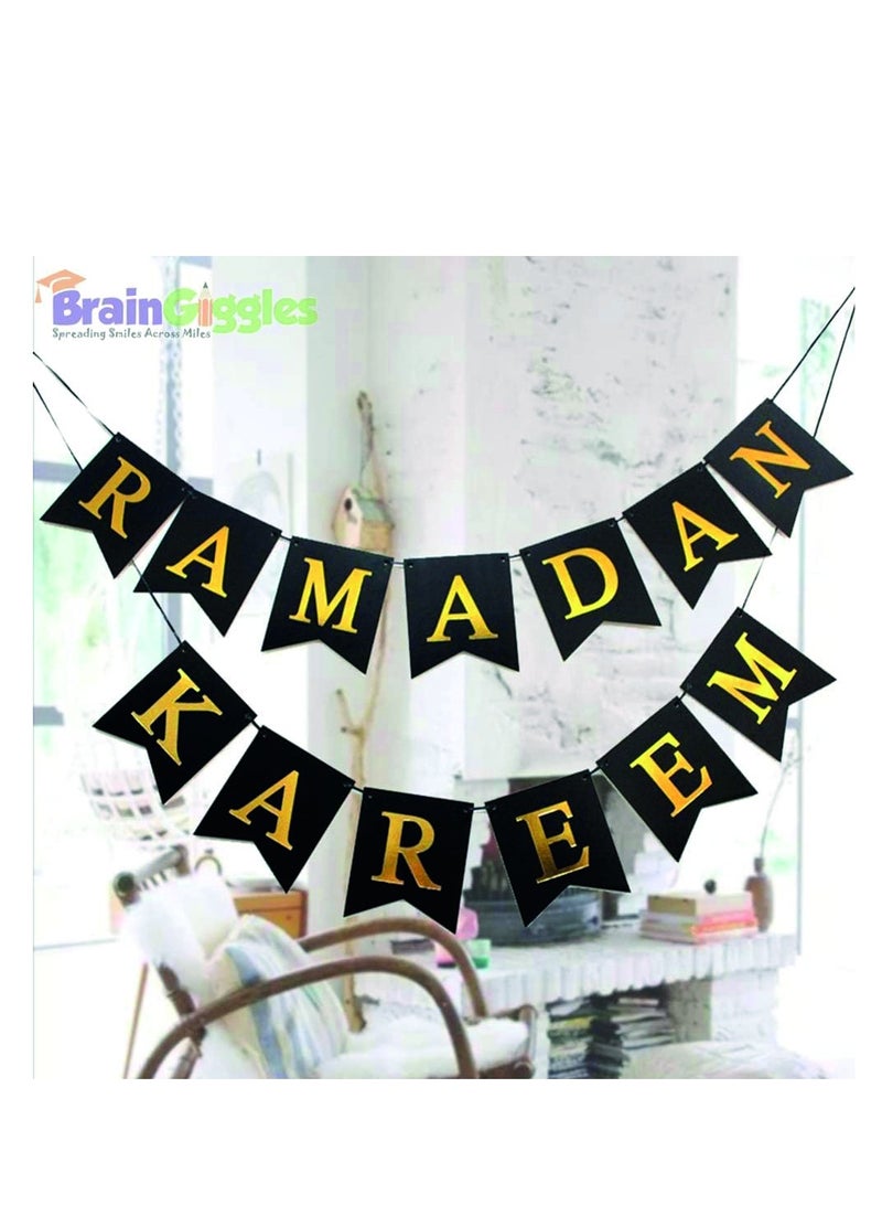 BrainGiggles Ramadan Kareem Mubarak Banner Garland - Eid Banner Flag, Ramadan Party Hanging Decorations - Black & Gold - Image 3